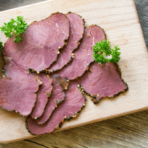 Singapore Beef Top Side Pastrami Slice 1kg pkt - Frozen